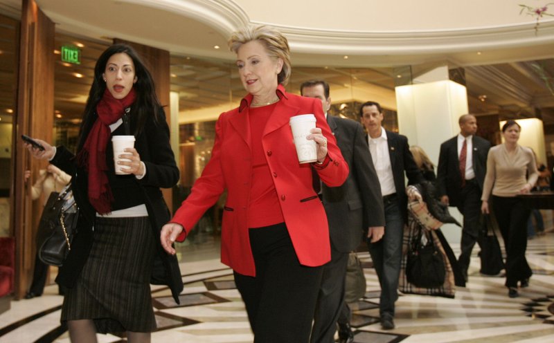 Hillary Clinton and her staff leave their hotel The Bellagio in Las Vegas on January 19, 2008. Huma Abedin is to the left of Clinton. (UPI Photo/Mark Cowan)