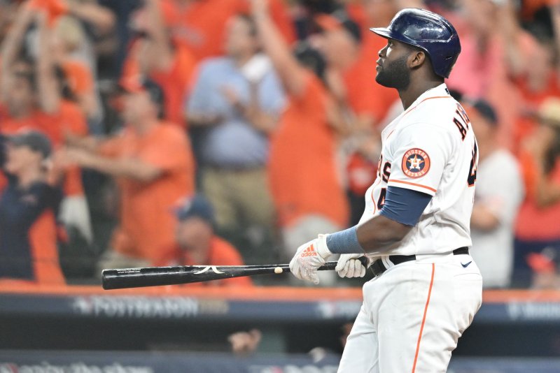 Houston Astros outfielder Yordan Alvarez hits a game-winning, three-run, walk-off home run for a 8-7 win over the Seattle Mariners in Game 1 of an American League Division Series on Tuesday at Minute Maid Park in Houston. Photo by Maria Lysaker/UPI