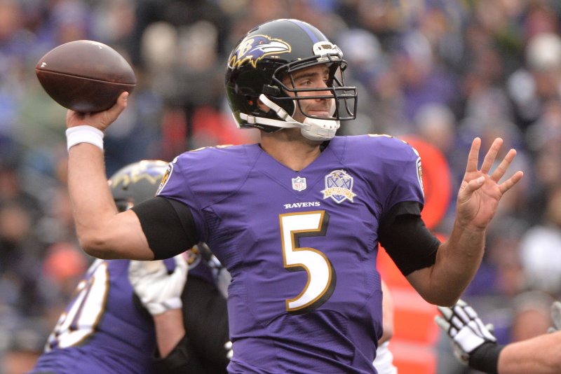 Baltimore Ravens quarterback Joe Flacco look to pass against the St. Louis Rams in the first quarter at M&T Bank Stadium in Baltimore, Maryland on November 22, 2015. Photo by Kevin Dietsch/UPI | <a href="/News_Photos/lp/de0c83029b0c95f131216363f39b9c4e/" target="_blank">License Photo</a>