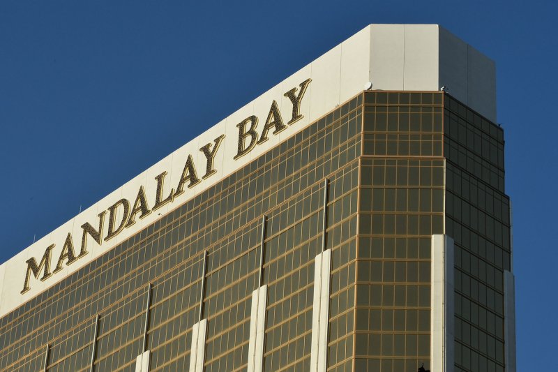Two broken windows can be seen on the 32nd floor of the Mandalay Bay Resort and Casino, from which Stephen Paddock opened fire on a country music festival on October 1, 2017. File Photo by Jim Ruymen/UPI