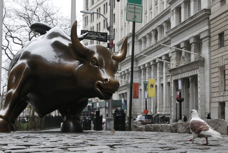 The Charging Bull statue is seen on Wall Street in New York City. File Photo by John Angelillo/UPI