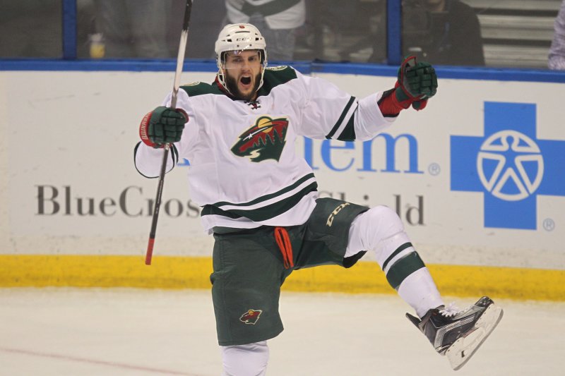 Marco Scandella of the Minnesota Wild celebrates a goal. Scandella has been traded to the Buffalo Sabres. Photo by Bill Greenblatt/UPI