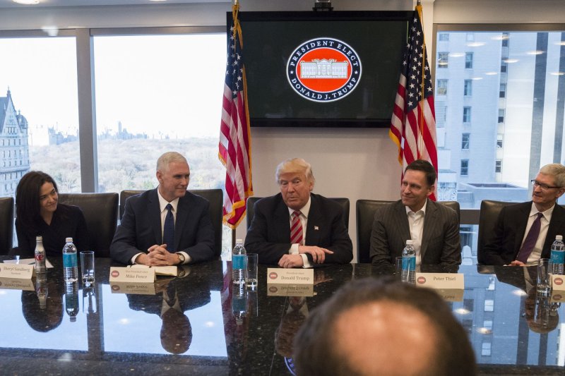 President Donald Trump is seen at a meeting of technology leaders in the Trump Organization conference room at Trump Tower. File Photo by Albin Lohr-Jones/Pool