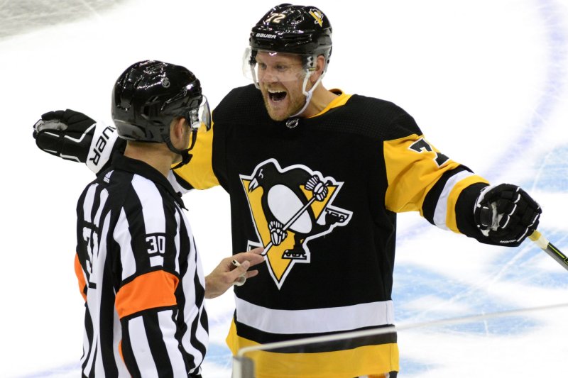Pittsburgh Penguins right wing Patric Hornqvist (72) appeals to the official following Washington Capitals right wing T.J. Oshie's goal in the third period of the Penguins 7-6 overtime win at their home opener on October 4 at PPG Paints Arena in Pittsburgh. Photo by Archie Carpenter/UPI