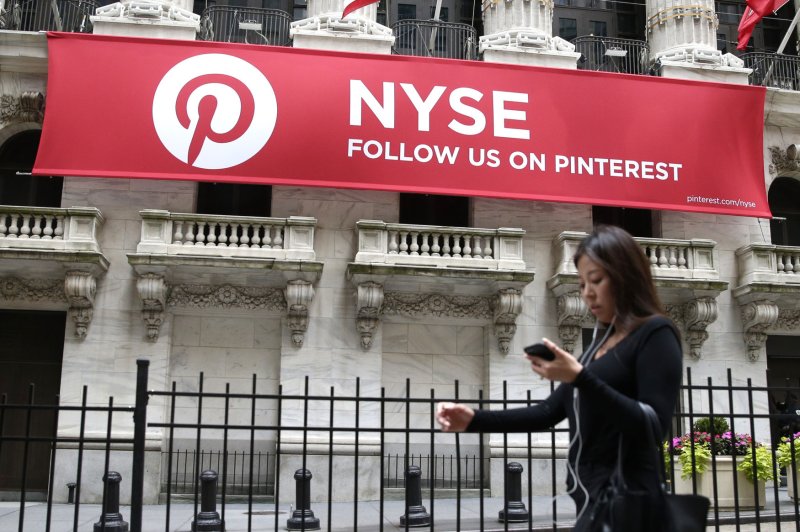 Pinterest began trading Thursday on the New York Stock Exchange under the ticker symbol "PINS." File Photo by John Angelillo/UPI | <a href="/News_Photos/lp/2ae8473a0b0bdd6d1b683c7291766e50/" target="_blank">License Photo</a>