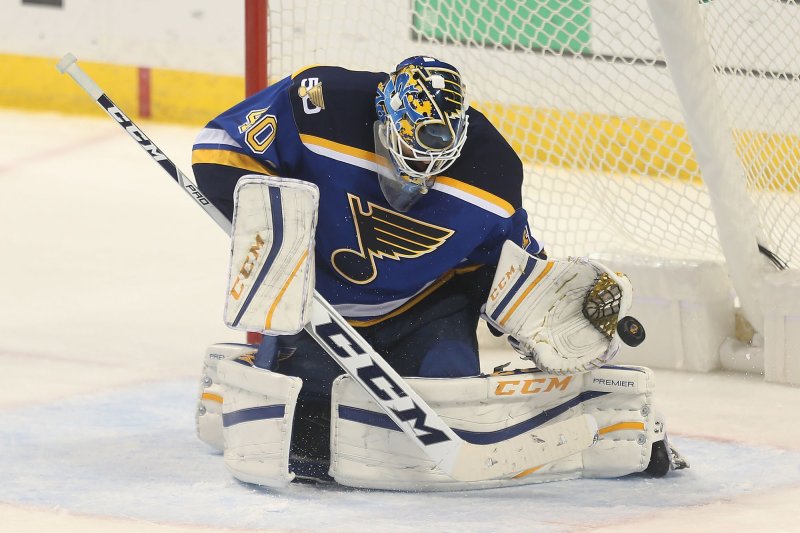 St. Louis Blues goaltender Carter Hutton blocked 25 shots for his fourth shutout of the season as the Blues posted a 2-0 victory over the Detroit Red Wings on Wednesday. File Photo by BIll Greenblatt/UPI