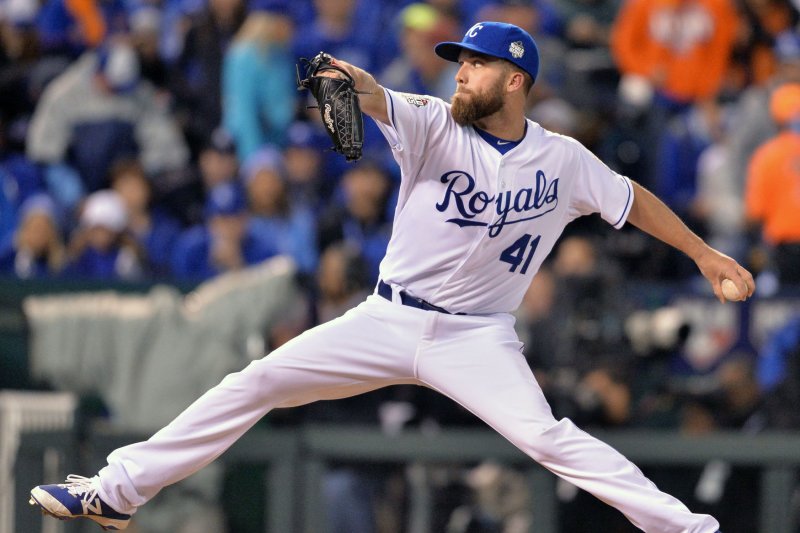 Kansas City Royals reliever Danny Duffy pitches against the New York Mets during the seventh inning in game 1 of the World Series at Kauffman Stadium in Kansas City, Missouri on October 27, 2015. File photo by Kevin Dietsch/UPI