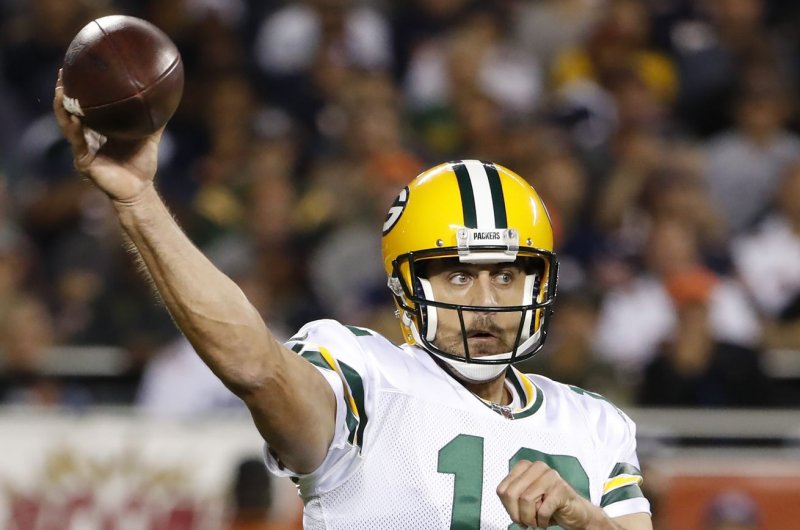 Green Bay Packers quarterback Aaron Rodgers&nbsp;completed 23 of 33 passes for 305 yards and three scores in a win against the Kansas City Chiefs Sunday in Kansas City. Photo by Kamil Krzaczynski/UPI