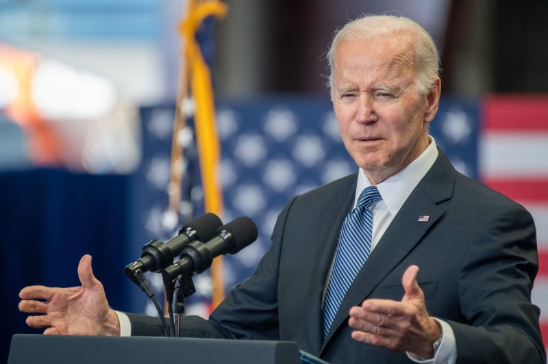 President Joe Biden discusses updates on the bipartisan infrastructure law during his remarks at the New Hampshire Port Authority in Portsmouth, on Tuesday. He and first lady Jill Biden will attend the White House Correspondents' Dinner on April 30. Photo by Amanda Sabga/UPI