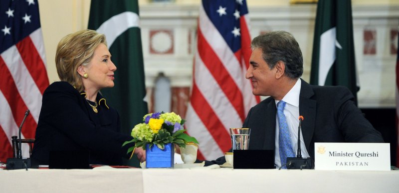 Secretary of State Hillary Rodham Clinton and Pakistani Foreign Minister Shah Mehmood Qureshi shake hands after delivering opening remarks before a U.S-Pakistan Strategic Dialogue at the State Department in Washington on March 24, 2010. UPI/Roger L. Wollenberg