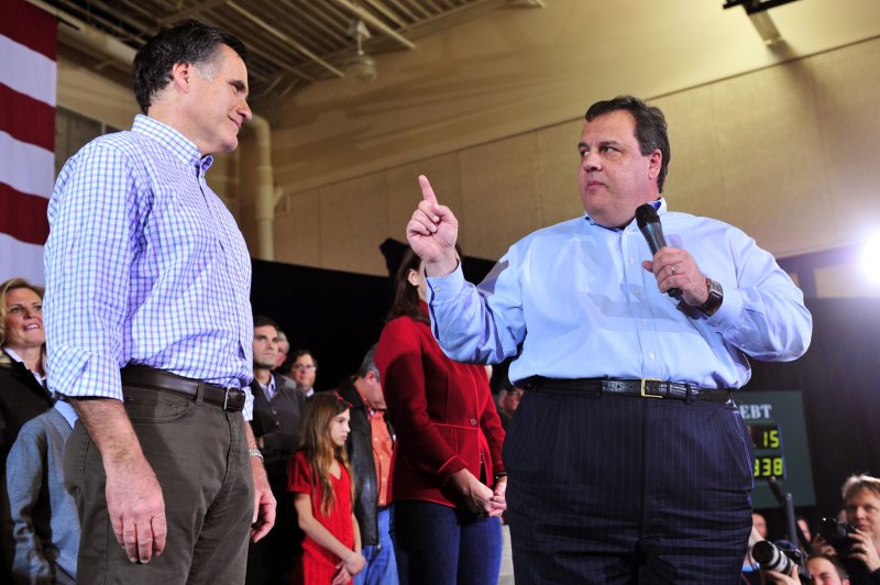 New Jersey Gov. Chris Christie (R) dropped a big hint to Oprah Winfrey that he is eyeing the 2016 presidential race. He endorsed Mitt Romney (L) for the Republican nomination. File photo from Jan. 8. UPI/Kevin Dietsch