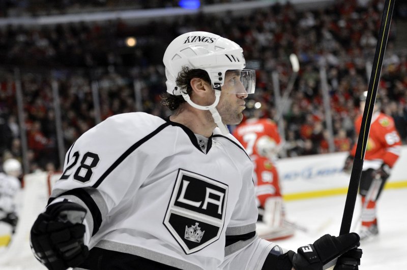Former Los Angeles Kings center Jarret Stoll celebrates his goal during the second period against the Chicago Blackhawks at the United Center in Chicago. File photo by Brian Kersey/UPI