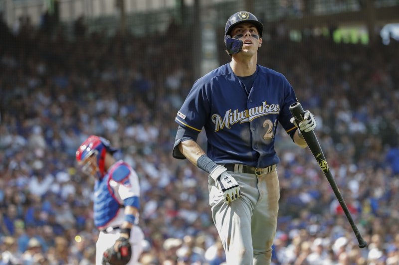 Milwaukee Brewers right fielder Christian Yelich hit .329 with a career-high 44 home runs, 97 RBIs and 30 stolen bases this season. Photo by Kamil Krzaczynski/UPI | <a href="/News_Photos/lp/1737cef32937581c314eda4d4369703a/" target="_blank">License Photo</a>