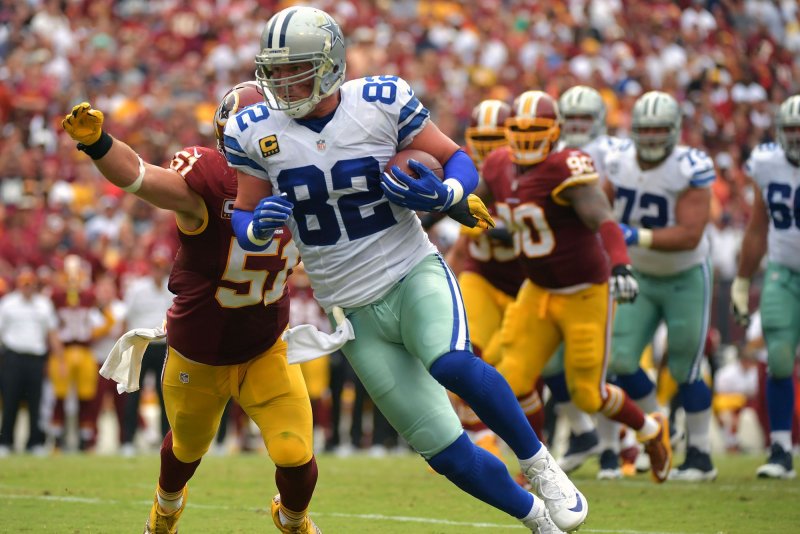 Dallas Cowboys tight end Jason Witten (82) intends to sign a one-year deal worth up to $4.75 million with the Las Vegas Raiders once the new league year begins Wednesday. File Photo by Kevin Dietsch/UPI | <a href="/News_Photos/lp/bd623d892d2d978ffafec079df084493/" target="_blank">License Photo</a>