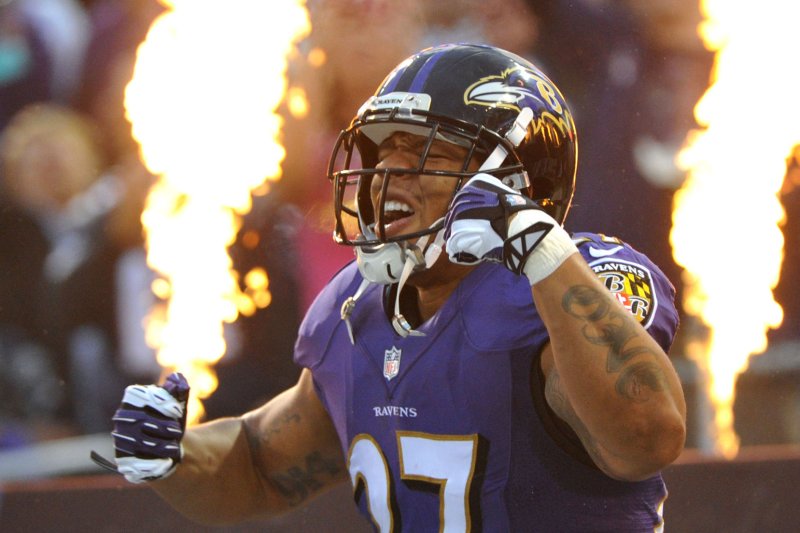 Baltimore Ravens star running back Ray Rice has been cut by the team and suspended by the NFL on September 8, 2014, after a video surfaced of his alleged altercation with his fiancee last year. UPI/Kevin Dietsch/files