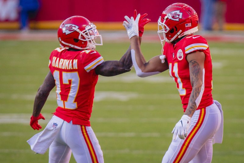 Wide receiver Mecole Hardman (L) spent his first four seasons with the Kansas City Chiefs. File Photo by Kyle Rivas/UPI