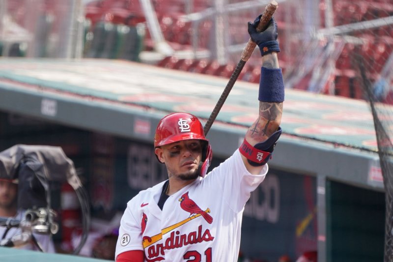 St. Louis Cardinals catcher Yadier Molina wore No. 21 on his uniform in honor of Roberto Clemente during a doubleheader Thursday in St. Louis. Photo by Bill Greenblatt/UPI | <a href="/News_Photos/lp/ed8e4162444716d0ffbe333e0bcca16b/" target="_blank">License Photo</a>