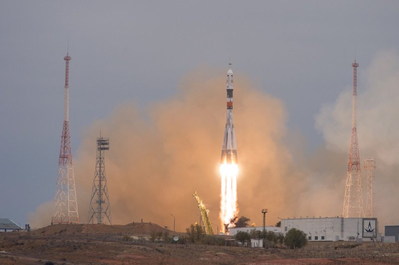 The Soyuz MS-02 rocket is launched Wednesday with Expedition 49 commander Sergey Ryzhikov of Roscosmos, flight engineer Shane Kimbrough of NASA and flight engineer Andrey Borisenko of Roscosmos at the Baikonur Cosmodrome in Kazakhstan. Photo by Joel Kowsky/NASA/UPI