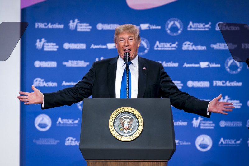 President Donald Trump speaks at the conservative 2017 Values Voter Summit on Friday at the Omni Shoreham Hotel in Washington, D.C. He is the first president to address the annual event. Photo by Al Drago/UPI