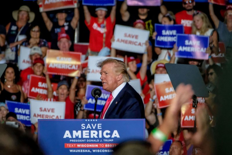 Former President Donald Trump speaks to supporters during a rally where he endorsed Republican candidate Tim Michels in the governor's race against candidate Rebecca Kleefisch, who is supported by former Vice President Mike Pence in Waukesha, Wisconsin on Aug. 5. File Photo by Alex Wroblewski/UPI | <a href="/News_Photos/lp/9b037dbf8e1faf457c977a550e1efb7d/" target="_blank">License Photo</a>