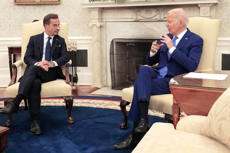 President Joe Biden (R) holds a bilateral meeting with Prime Minister Ulf Kristersson of Sweden in the Oval Office of the White House in Washington on Wednesday. Photo by Chris Kleponis/UPI