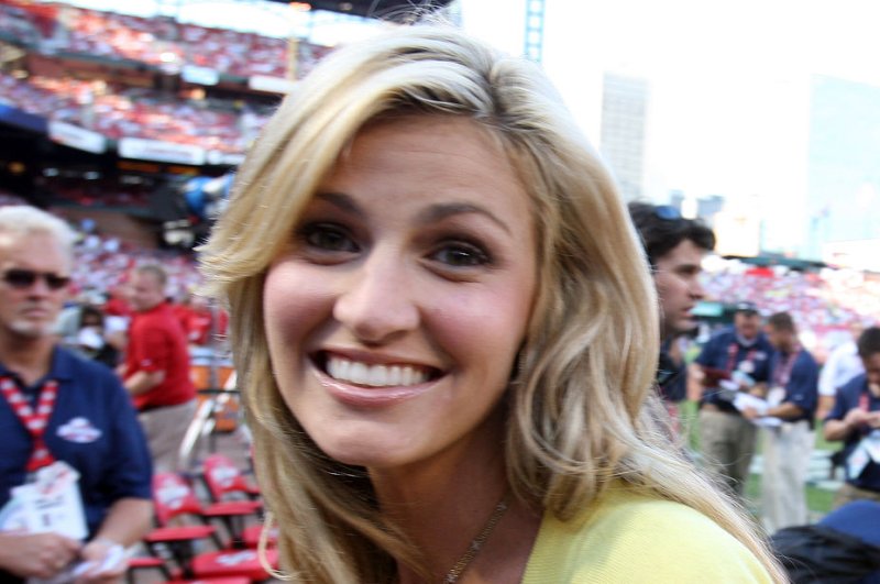 Sports reporter Erin Andrews at work at the Major League Baseball All-Star Home Run Derby on Monday, July 13, 2009 (File/UPI Photo/Bill Greenblatt)