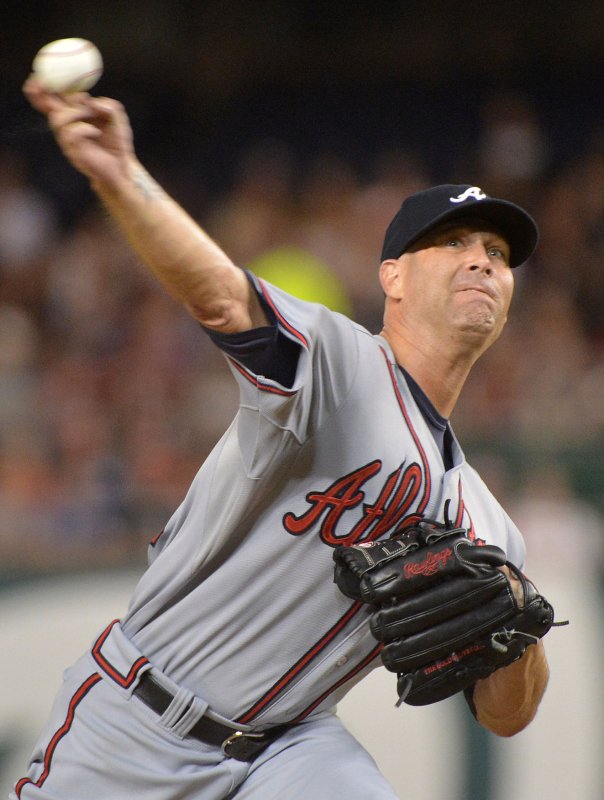 Atlanta Braves Tim Hudson pitches against the Washington Nationals during the third inning at Nationals Park in Washington on August 20, 2012. UPI/Kevin Dietsch