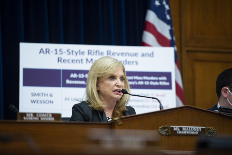 Chairman of the House Committee on Oversight and Reform Carolyn Maloney, D-NY, speaks during a hearing examining the practices and profits of gun manufacturers at the U.S. Capitol in July. Photo by Bonnie Cash/UPI | <a href="/News_Photos/lp/a64c198cc5efd74efa644d433dcff7fa/" target="_blank">License Photo</a>
