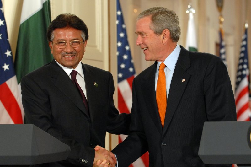 U.S. President George W. Bush and Pakistan President Gen. Pervez Musharraf shake hands after speaking to reporters in the East Room of the White House in September 2006. The two presidents met earlier in the Oval Office to discuss terrorism and other matters. File Photo by Roger L. Wollenberg/UPI