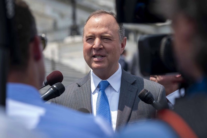 Rep. Adam Schiff, R-Calif., speaks to the press after voting outside the U.S. Capitol on July 18. He signed onto a letter to NASA discussing the space agency's budget. Photo by Bonnie Cash/UPI