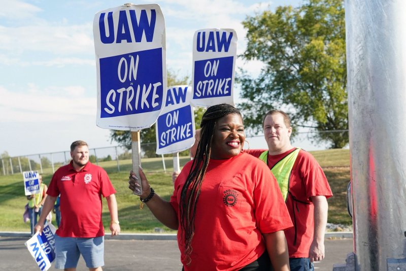 Rep. Cory Bush (D-St. Louis) walks with striking United Auto Workers at the General Motors Wentzville Assembly Plant in Wentzville, Missouri, on September 24, 2023. Bush was joined by Rep. Alexandria Ocasio-Cortez, (D-N.Y.) File Photo by Bill Greenblatt/UPI