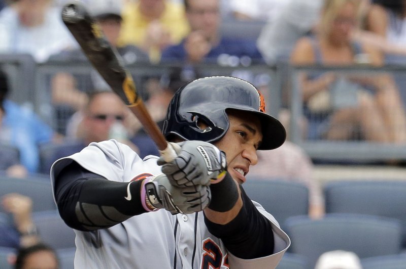Detroit Tigers batter Victor Reyes follows through as he hits a home run against the New York Yankees in the sixth inning on Sunday at Yankee Stadium in New York City. Photo by Ray Stubblebine/UPI
