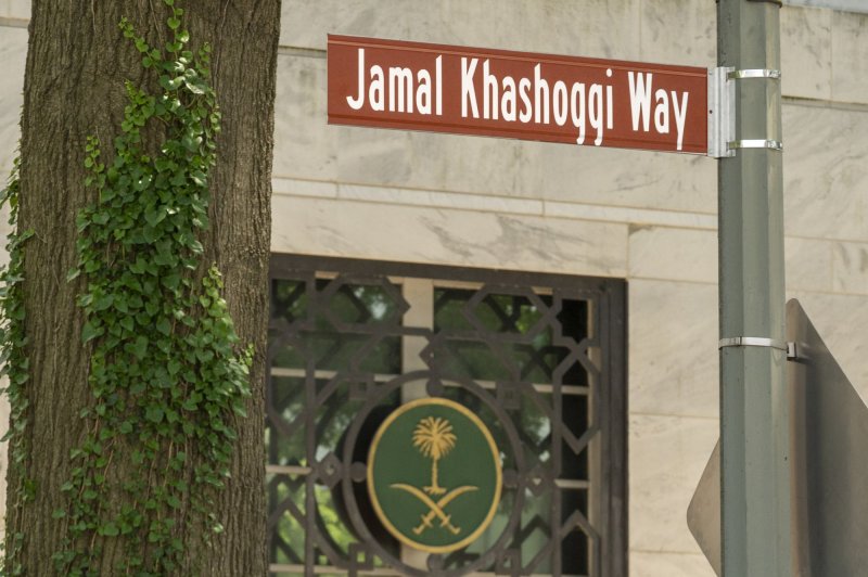 A view of the new street sign unveiled named after the late Washington Post journalist Jamal Khashoggi, "Khashoggi Way, outside of the Embassy of Saudi Arabia in Washington, D.C., on Wednesday. The U.S. Director of National Intelligence concluded Khashoggi's Istanbul murder was directly approved by Saudi Crown Prince Mohammed bin Salman. Photo by Ken Cedeno/UPI | <a href="/News_Photos/lp/8409c0c3b33a62ef1afb0fab7322cb41/" target="_blank">License Photo</a>