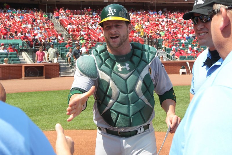 Oakland Athletics catcher Stephen Vogt hit a home run in a win over the Los Angeles Angels on Wednesday in Oakland, Calif. File Photo by Bill Greenblatt/UPI | <a href="/News_Photos/lp/239d96a6fb693789e43b05219bbd17c6/" target="_blank">License Photo</a>