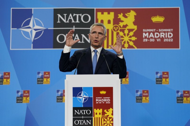 NATO Secretary-General Jens Stoltenberg gestures during a news conference at the NATO summit in Madrid, Spain, on Wednesday. Photo by Paul Hanna/UPI | <a href="/News_Photos/lp/501e9621056b646f61fd4789fab4e397/" target="_blank">License Photo</a>