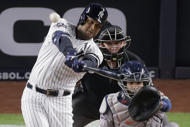 New York Yankees outfielder Aaron Hicks, shown Oct. 18, 2019, sat out Monday's series opener against the Toronto Blue Jays after the police shooting of Daunte Wright. File Photo by Ray Stubblebine/UPI