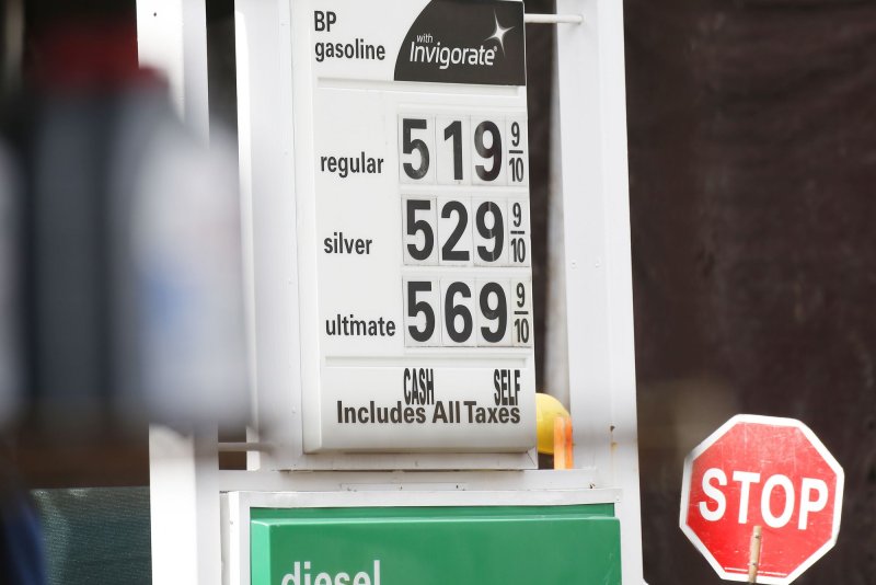 The price for a gallon of gasoline surpasses $5 per gallon at a Manhattan gas station in New York City on March 7. The producer price index increased in February, sparked by gasoline prices. Photo by John Angelillo/UPI | <a href="/News_Photos/lp/13438cd98b1510219ae7bf1e50d32cd3/" target="_blank">License Photo</a>