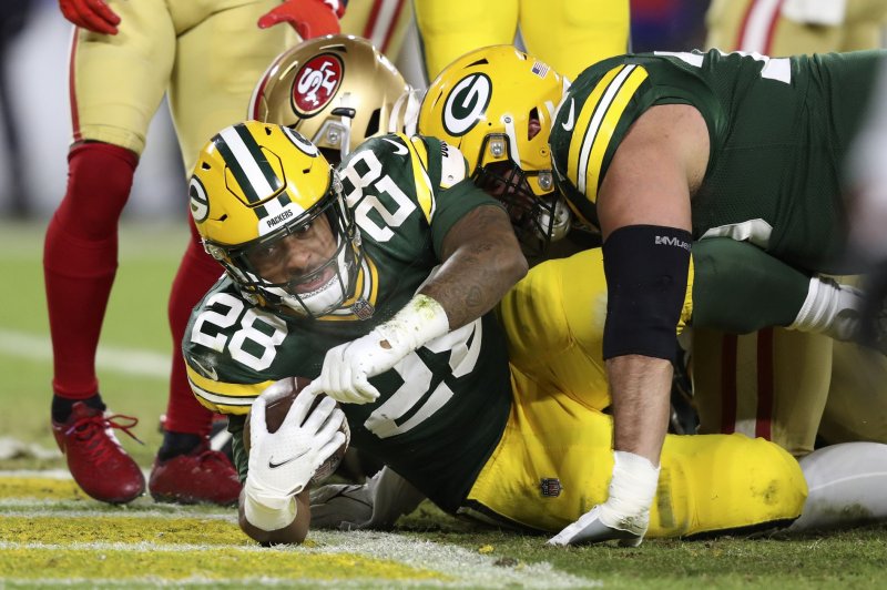 Green Bay Packers running back A.J. Dillon totaled 1,116 yards from scrimmage, including 313 receiving yards, in 17 games last season. File Photo by Aaron Josefczyk/UPI | <a href="/News_Photos/lp/931680ada45b241355a756a95bf85a2a/" target="_blank">License Photo</a>