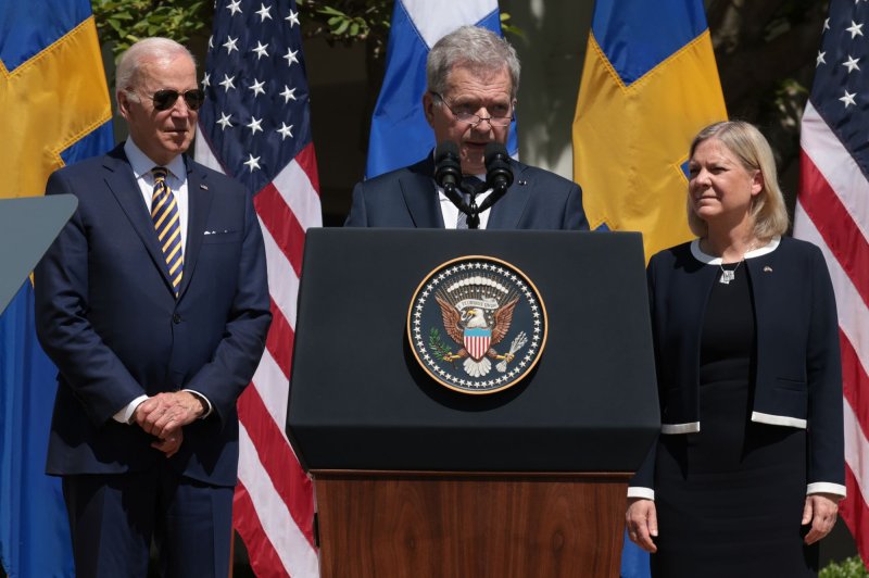 Finnish President Sauli Niinistö with U.S. President Joe Biden (L), and Prime Minister Magdalena Andersson of Sweden (R), at the White House in Washington, D.C., on Thursday. Russia will cut off natural gas exports to Finland Saturday, according to Finnish gas company Gasum. Photo by Oliver Contreras/UPI | <a href="/News_Photos/lp/7e372c16b6502c9e916d50693e43bec8/" target="_blank">License Photo</a>