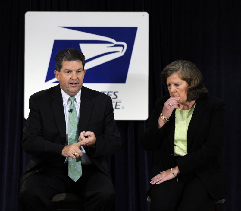 Postmaster General Patrick Donahoe and Megan Brennan, CEO and chief operations officer, discuss plans to dramatically decreasing the network of processing facilities and adjusting service standards which could save $3 billion annually in Washington, DC, on September 15, 2011. The Postal Service is hoping to cut by attrition 35,000 jobs by 2015. .UPI/Roger L. Wollenberg