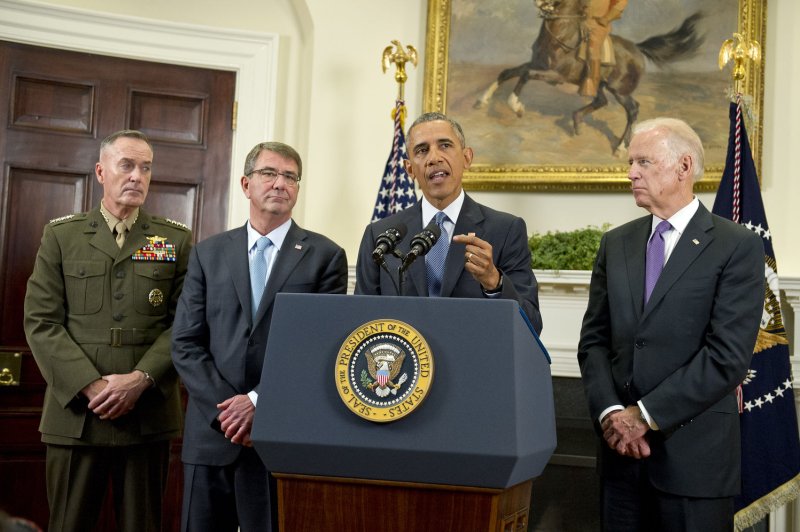 President Barack Obama said he will keep 5,500 U.S. troops in Afghanistan when he leaves office in 2017 in an announcement Thursday in the Roosevelt Room of the White House in Washington, D.C. Obama was joined by, from left, U.S. Marine Corps General Joseph F. Dunford, chairman, Joint Chiefs of Staff; Secretary of Defense Ashton Carter; and Vice President Joe Biden. Pool Photo by Ron Sachs/UPI | <a href="/News_Photos/lp/315a77e26637a43e159e9f72d6e0d05d/" target="_blank">License Photo</a>