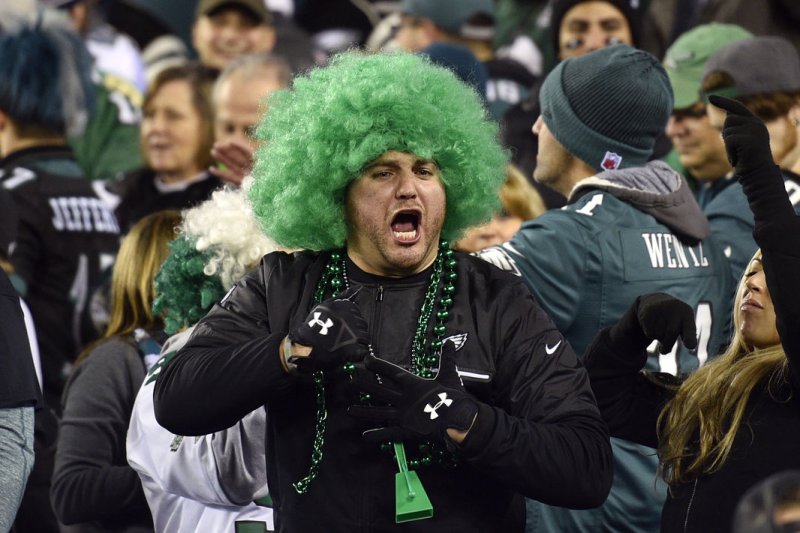 Philadelphia Eagles fans celebrate in the stands during the second quarter of the NFC Championship against the Minnesota Vikings at Lincoln Financial Field in Philadelphia on January 21, 2018. The Eagles defeated the Minnesota Vikings 38-7 to advance to the Super Bowl against the New England Patriots. Photo by Derik Hamilton/UPI | <a href="/News_Photos/lp/5b9d8e3892aa37a65a1690dcad0adb91/" target="_blank">License Photo</a>