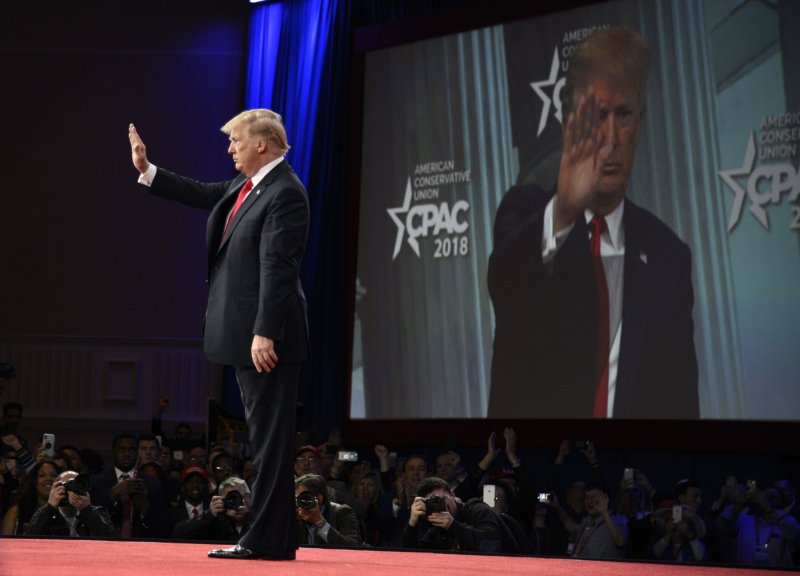 President Donald Trump acknowledged applause as he concluded his remarks at the Conservative Political Action Conference last year in Maryland. A Gallup Poll released Tuesday shows that Americans still lean conservative over liberal though liberals have made gains in recent years. File Photo by Mike Theiler/UPI