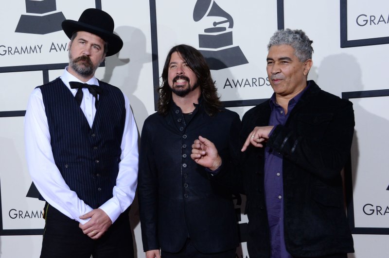 Krist Novoselic, Dave Grohl and Pat Smear of Nirvana arrive for the 56th annual Grammy Awards at Staples Center in Los Angeles in January 2014. File Photo by Jim Ruymen/UPI | <a href="/News_Photos/lp/d7f3e849ce8ec37a1126e2cbc9d41261/" target="_blank">License Photo</a>