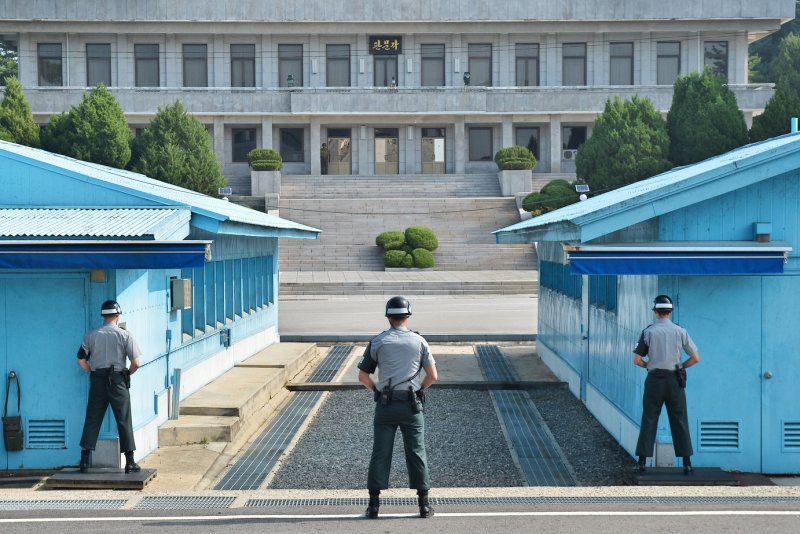 South Korean soldiers stand guard at the joint security area (JSA) in the demilitarized zone (DMZ) on September 12, 2017. Photo by Keizo Mori/UPI