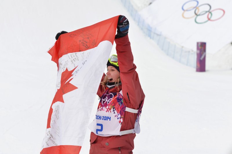 Canada's Dara Howell waves the Canadian flag after winning a gold medal in the ladies' ski slopestyle final at the Sochi 2014 Winter Olympics on February 11, 2014 in Krasnaya Polyana, Russia. UPI/Brian Kersey | <a href="/News_Photos/lp/19a83096194b72c56c6b308d0b16a873/" target="_blank">License Photo</a>