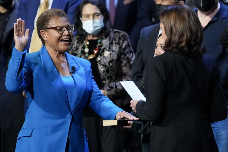 Karen Bass, mayor of Los Angeles, California, is sworn-in by Vice President Kamala Harris during an inaugural ceremony in Los Angeles on Sunday. Photo by Eric Thayer/UPI