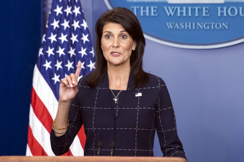 Former Ambassador to the United Nations, Nikki Haley, delivers remarks during a White House Daily Briefing in Washington on April 24, 2017. She announced a run for president on Tuesday. Photo by Kevin Dietsch/UPI