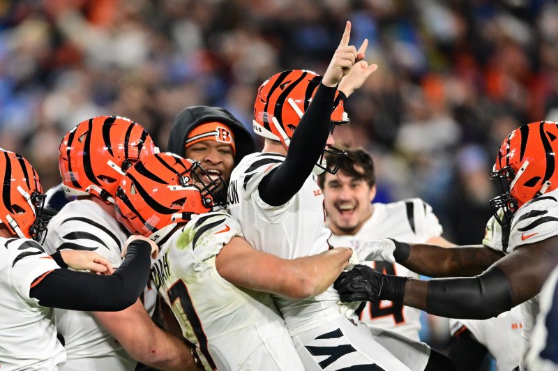 Cincinnati Bengals kicker Evan McPherson (2) celebrates after kicking a game-winning 52-yard field goal against the Tennessee Titans on Saturday at Nissan Stadium in Nashville. Photo by David Tulis/UPI