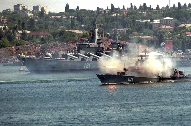 A file photo shows a Russian missile ship in the center of the city of Sevastopol, Ukraine, during a Navy parade devoted to Russian Navy Day in July 2000 before Crimea was annexed by Russia in 2014. File Photo by Sergei Svetlitsky/UPI | <a href="/News_Photos/lp/9d7dce22cd9ead75740ad77ebfaf8f36/" target="_blank">License Photo</a>